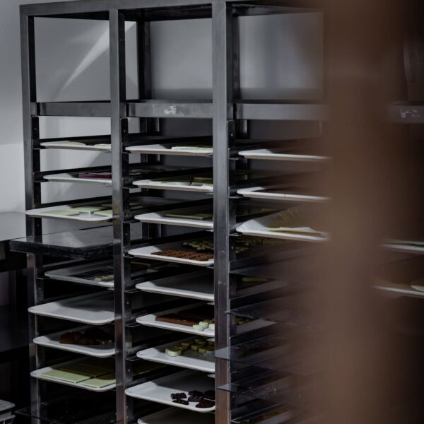 Blick auf ein Tablett mit vielen Schokoladenformen