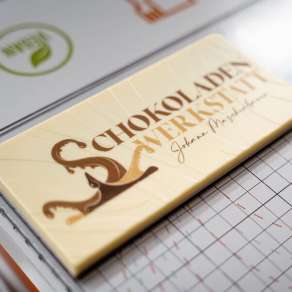 Schokoladetafel bedruckt mit Logo der Schokoladenwerkstatt